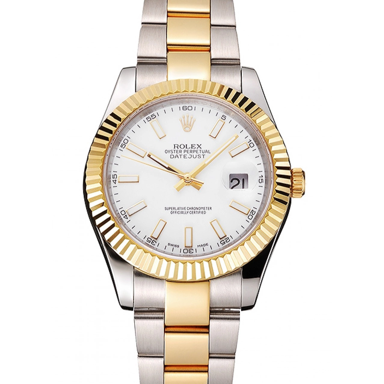 Case Stainless Swiss Tone Rolex Datejust Gold White Steel Dial Two Bracelet 0713
